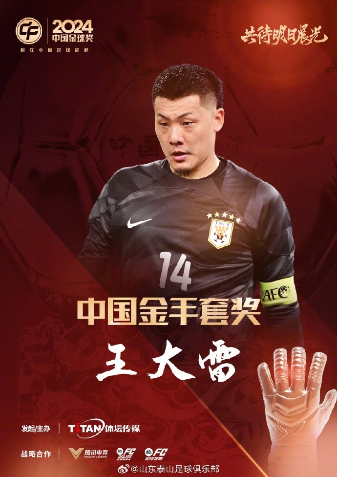  王大雷榮獲中國金手套獎，謝文能入選中國金球獎候選人前三名