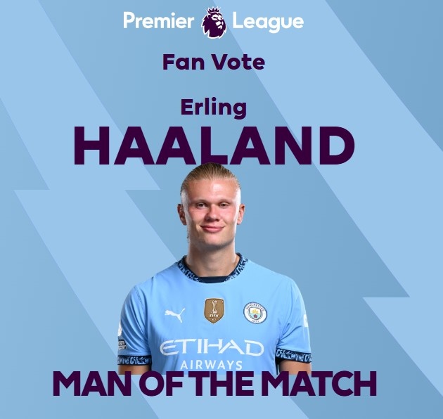  打進(jìn)致勝球！英超官方：哈蘭德當(dāng)選曼城1-0熱刺全場最佳球員